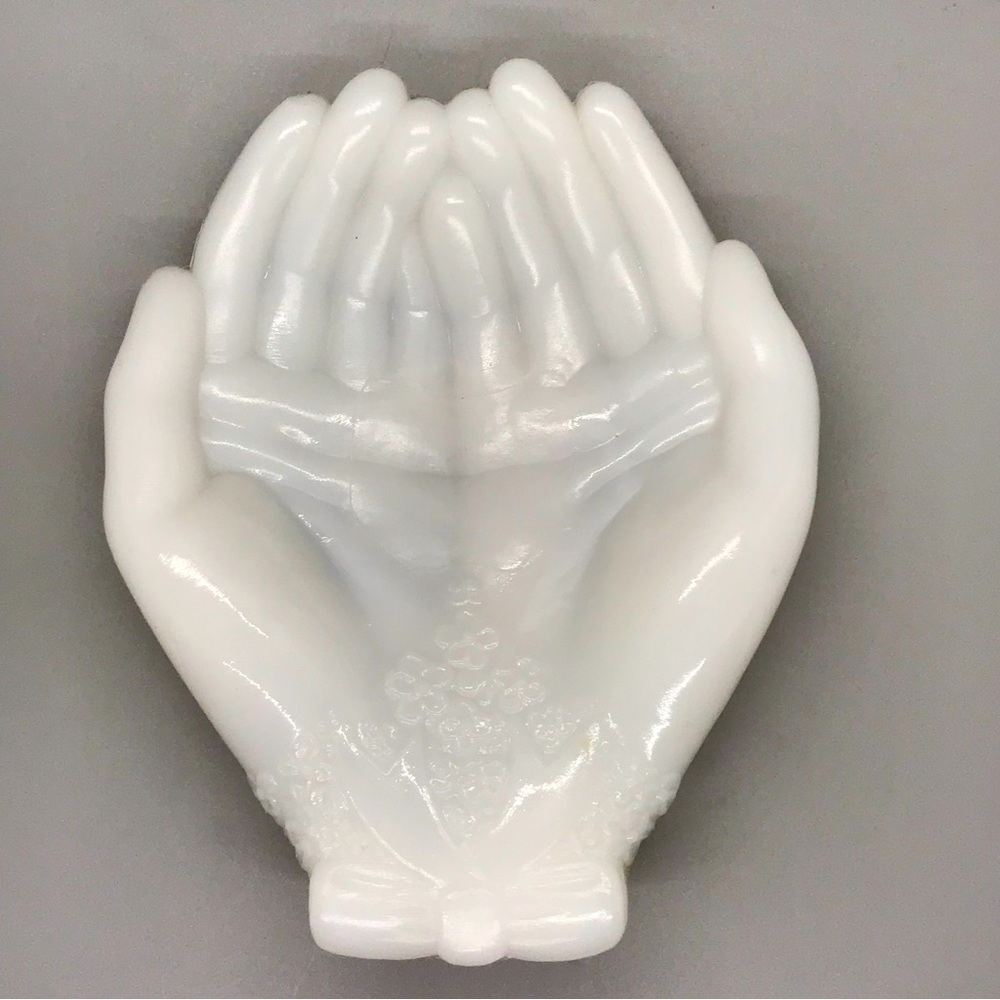 Vintage Avon Milk Glass open hands shapes, soap, candy, or trinket dish.